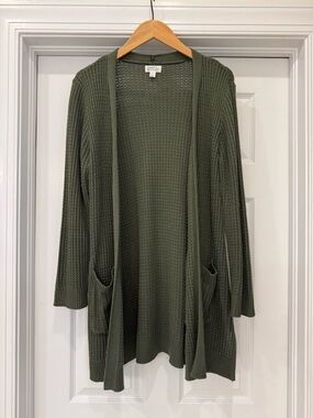 Open-Front Olive Waffle Knit Cardigan with Pockets